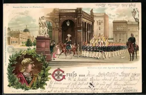 Lithographie Potsdam, Kaiser Wilhelm II. an der Spitze der Fahnenkompagnie am Berliner Tor, Neues Palais