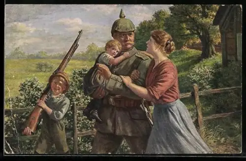 Künstler-AK Müller: Soldat verabschiedet sich von seiner Familie