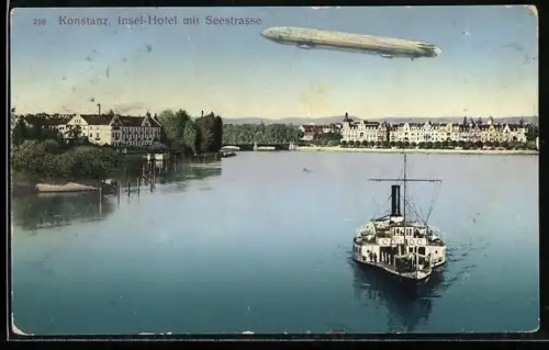 AK Konstanz, Insel-Hotel mit Seestrasse, Zeppelin, Dampfer