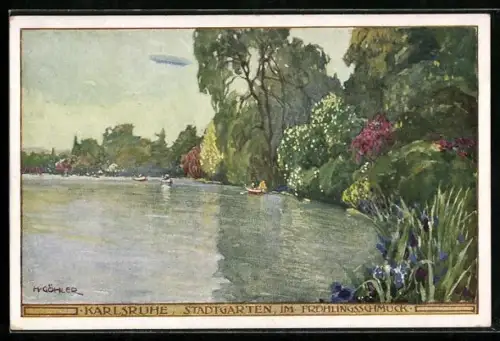 Künstler-AK Karlsruhe, Kahnpartie im Frühling auf dem Weiher im Stadtgarten