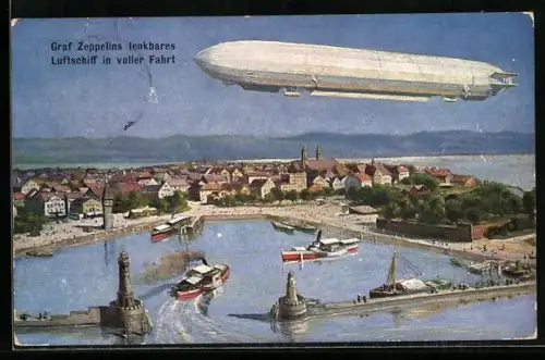 AK Lindau, Hafenansicht mit Garf Zeppelins lenkbarem Luftschiff