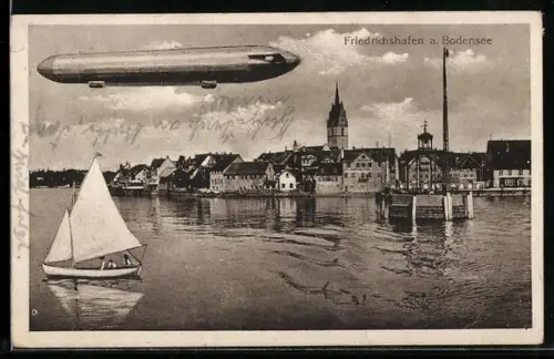 AK Friedrichshafen a. Bodensee, Uferpartie mit Luftschiff Zeppelin