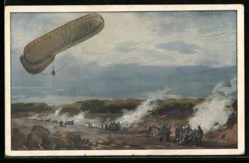 Künstler-AK Hans Rudolf Schulze: Fesselballon beobachtet die Wirkung der Artillerie