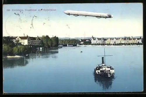 AK Konstanz, Zeppelin über Inselhotel und Seestrasse