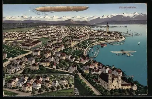 AK Friedrichshafen, Teilansicht mit Luftschiff Zeppelin, Zeppelinstrasse