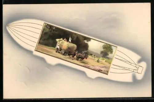 Passepartout-Präge-AK Bauer mit Heuwagen im Zeppelin