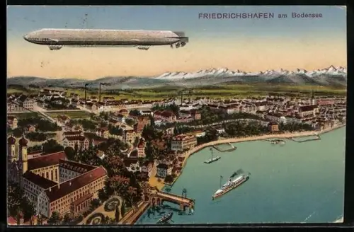 AK Friedrichshafen, Luftschiff Zeppelin fliegt über die Stadt