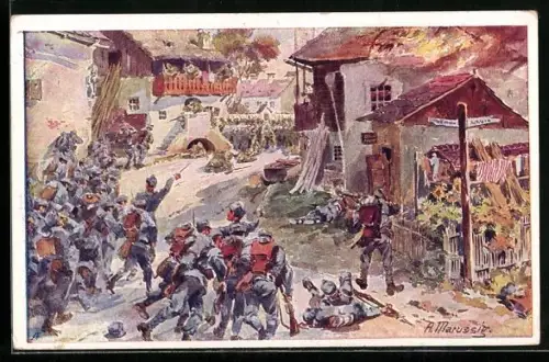 Künstler-AK Rotes Kreuz Nr. 209: Angriff österreichischer Soldaten auf ein von Russen besetztes Dorf