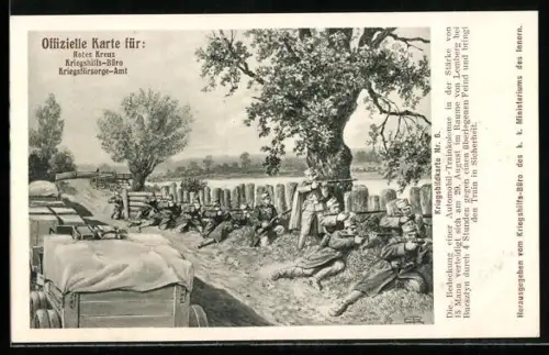 AK Rotes Kreuz Nr. 6, Automobil-Trainkolonne bei Bursztyn im Raum Lemberg verteidigt sich gegen Feind
