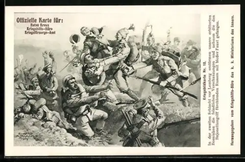Künstler-AK Schlacht vor Lemberg, erbitterten Bosniaken erstürmten die feindlichen Verschanzungen, Rotes Kreuz