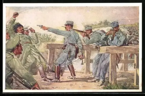 Künstler-AK Rotes Kreuz Nr. 261, Hauptmann Schneider verteidigt wichtigen Übergang gegen Übermacht