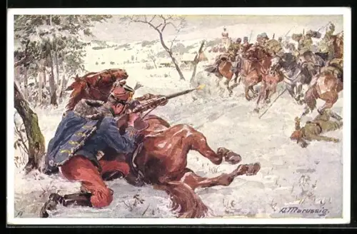 AK Rotes Kreuz Nr.197: Husar Manuel Kralik vom Husarenregiment Nr.6 wird auf Erkundungsritt von feindlicher Patrouille