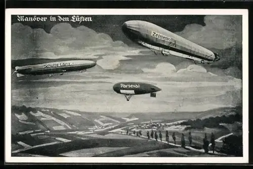 AK Manöver der Zeppeline Schütte-Lanz, Parseval und  Graf Zeppelin