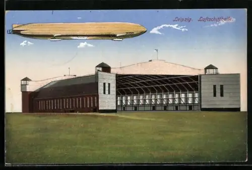 AK Leipzig, Luftschiff fährt über die Luftschiffhalle