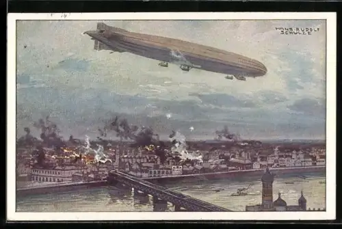 Künstler-AK Hans Rudolf Schulze: Warschau, Luftschiff Schütte-Lanz überfliegt die Stadt