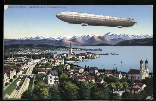 AK Zeppelin fliegt über Friedrichshafen