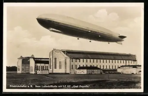 AK Friedrichshafen a. B., L.Z. 127 Graf Zeppelin über der neuen Luftschiffhalle