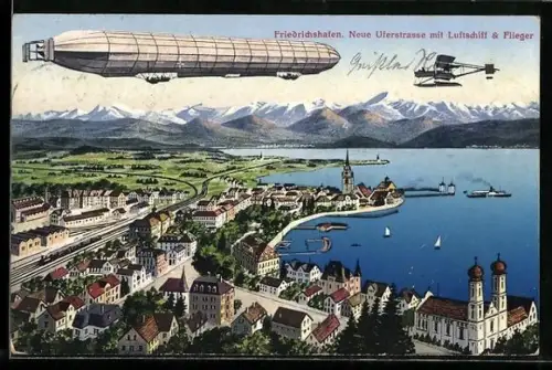 AK Friedrichshafen, neue Uferstrasse mit Zeppelin und Flugzeug