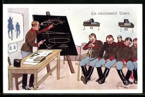 Künstler-AK Fritz Schönpflug: Ein interessantes Thema, Soldatenhumor