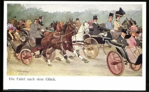 Künstler-AK Fritz Schönpflug: Menschen machen eine Kutschpartie, Die Fahrt nach dem Glück