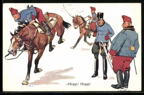 Künstler-AK Fritz Schönpflug: Hopp! Hopp!, Kavallerieausbildung, Soldatenhumor