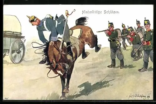 Künstler-AK Fritz Schönpflug: hinterlistige Schützen, Soldat auf Pferd wird beschossen