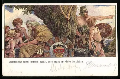 AK Deutscher Schulverein: Alte Germanen mit Kindern und Schild