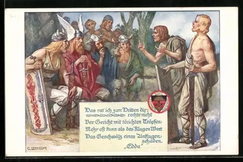 AK Deutscher Schulverein Nr. 390: Zitat aus der Edda, Germanen vor ihrem Häuptling
