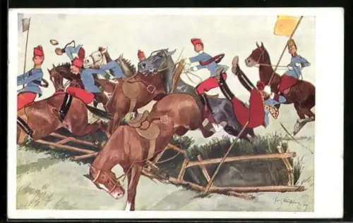 Künstler-AK Fritz Schönpflug: Reiter scheitern am Überqueren eines Hindernisses