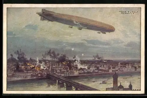 Künstler-AK Hans Rudolf Schulze: Warschau, Luftschiff Schütte-Lanz überfliegt die Stadt
