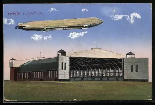 AK Leipzig, Luftschiffhalle mit Luftschiff Sachsen