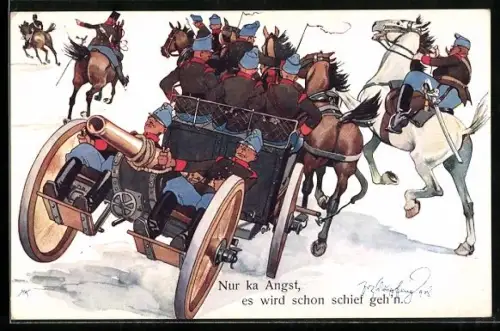 Künstler-AK Fritz Schönpflug: Soldaten auf dem Geschütz und werden von der Pferdekutsche gezogen