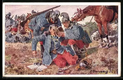 Künstler-AK A. Marussig: Rittmeister Wawra berichtet über feindliche Stellungen, Rotes Kreuz