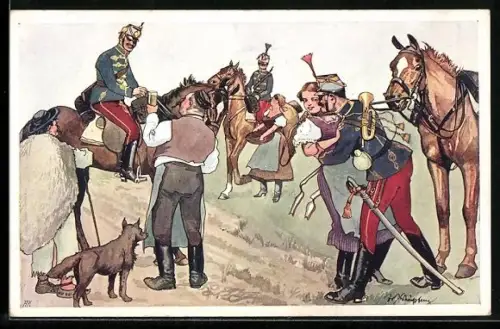 Künstler-AK Fritz Schönpflug: Gastwirt versorgt Soldaten der Kavallerie