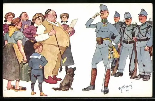 Künstler-AK Fritz Schönpflug: Ein feines Quartier, Zivilisten und Soldaten stehen sich gegenüber