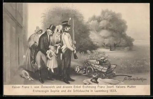 AK Laxenburg, Kaiser Franz I. und dessen Enkel Erzherzog Franz Josef, Kaisers Mutter und Schildwache, 1833