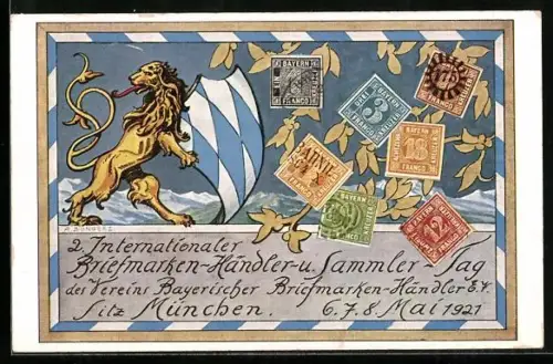 AK München, 2. Internationaler Briefmarken-Händler und -Sammler Tag d. Vereins Bayerischer Briefmarken-Händler 1921