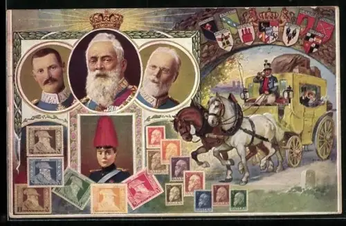 AK Prinzregent Luitpold von Bayern mit Postkutsche und Briefmarken