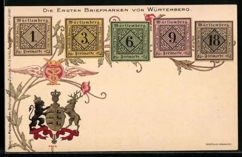 AK Dei ersten Briefmarken von Württemberg, Löwe und Hirsch mit Wappen