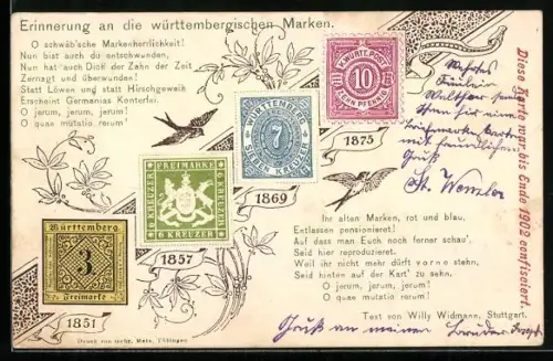 AK Briefmarken, Erinnerung an die württembergischen Marken, 1851-1875, Gedicht