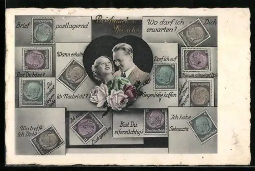 AK Briefmarkensprache mit Liebespaar: Bist du eifersüchtig, Wo treffe ich Dich? & Bist du böse?