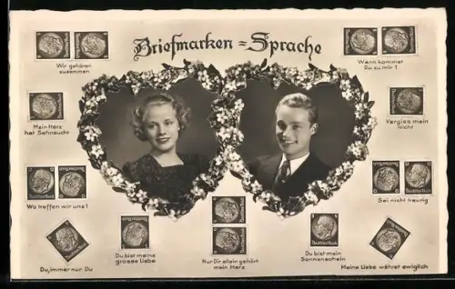 AK Briefmarkensprache für Liebespaare, Paar im Blumenherz, Wir gehören zusammen