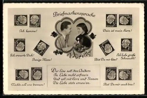 AK Briefmarkensprache mit verliebtem Paar und Blumen