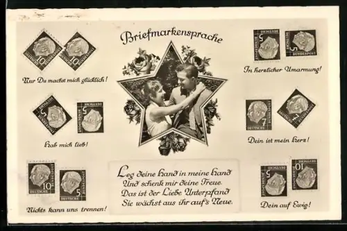 AK Briefmarkensprache der Liebe mit Liebespaar mit Sinnspruch