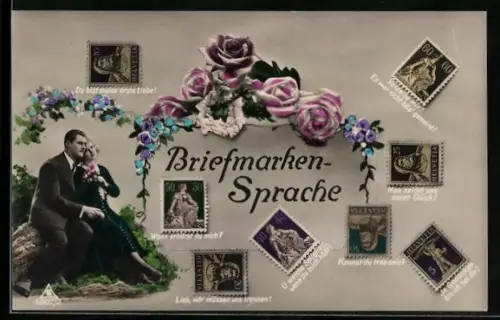 AK Erklärung der Briefmarkensprache, Liebespaar und Rosen