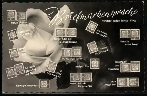 AK Briefmarkensprache für Verliebte mit Rosen