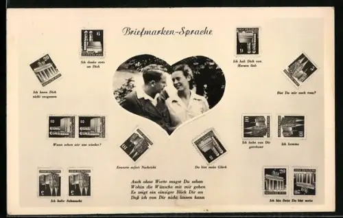 AK Briefmarkensprache, Paar in einem Herzrahmen