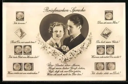 AK Briefmarkensprache, Herz, Liebespaar