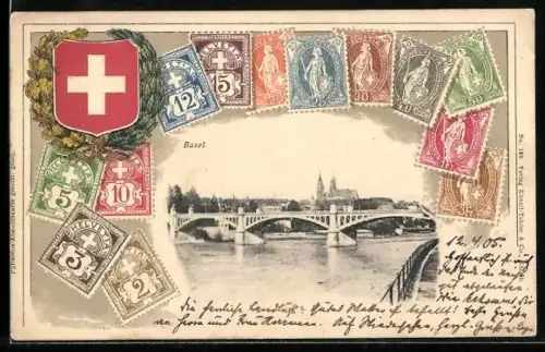 AK Basel, Ortsansicht mit Brücke, verschiedene Briefmarken