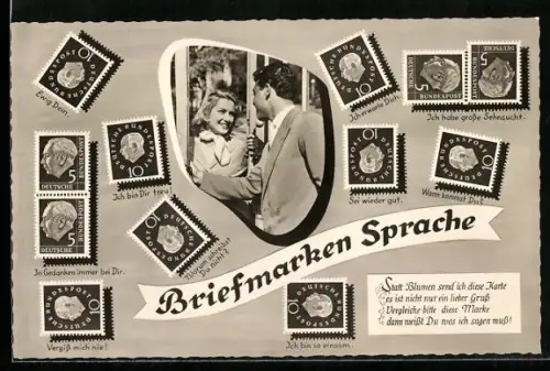 AK Briefmarkensprache für Verliebte, Paarportrait, Wann kommst du?